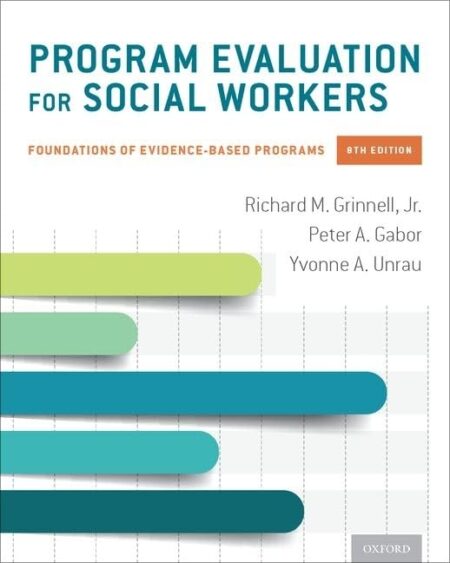 Cover of Program Evaluation for Social Workers: Foundations of Evidence-Based Programs (8th Edition) by Richard M. Grinnell, Peter A. Gabor, and Yvonne A. Unrau.