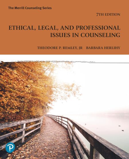 Cover of Ethical, Legal, and Professional Issues in Counseling (7th Edition) features a clean, academic layout with a white background and bold blue and black typography; shows authors’ names and framing indicating legal/ethical themes.