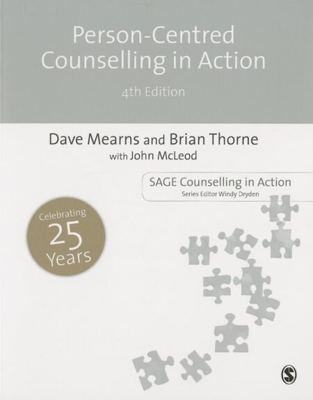 Cover of Person-Centred Counselling in Action (Fourth Edition) featuring a calming blue color palette with the title in bold, white text. The cover highlights the Counselling in Action series logo and reflects a professional and approachable tone.