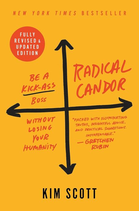 Book cover of Radical Candor by Kim Scott: bold typography with yellow background, subtitle reads “Be a Kick‑Ass Boss Without Losing Your Humanity,” conveying leadership, candor, and empathy.
