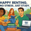 Happy college students renting textbooks stress-free on a U.S. campus, using rentsellbooks.com for affordable book rentals with free shipping, easy returns, and big savings.
