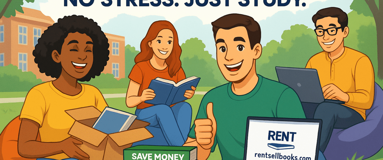 Happy college students renting textbooks stress-free on a U.S. campus, using rentsellbooks.com for affordable book rentals with free shipping, easy returns, and big savings.